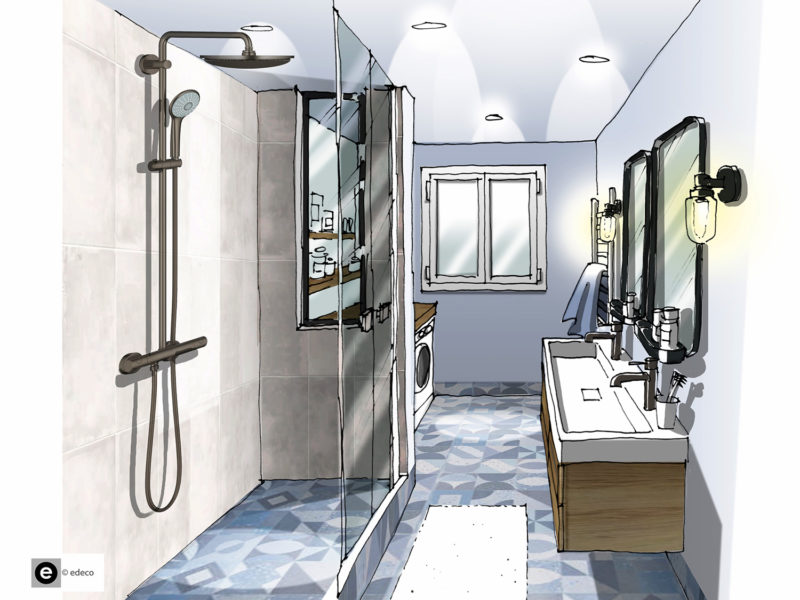salle d'eau bleue, carreaux de ciment, douche carrelée