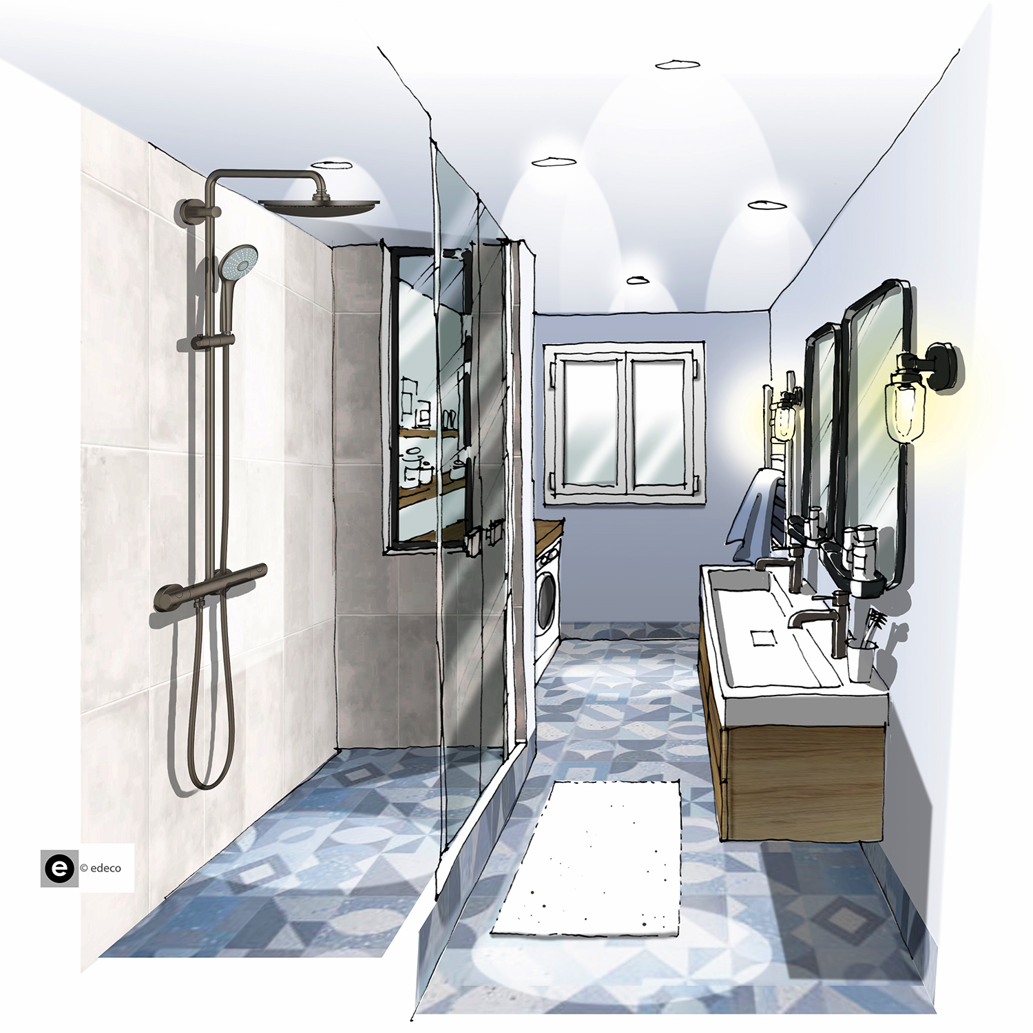 salle d'eau bleue, carreaux de ciment, douche carrelée