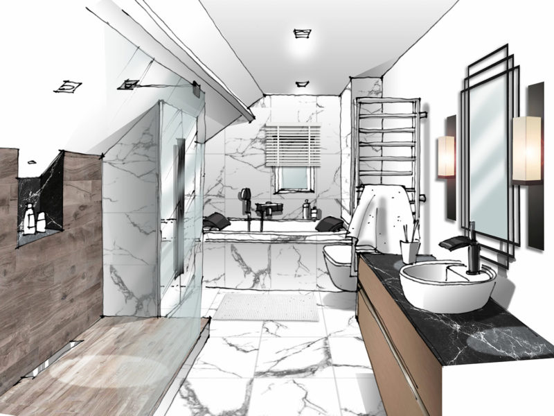 salle de bain, carrelage marbre blanc, baignoire, douche à l'italienne, spot encastré, radiateur sèche-serviettes, meuble vasque