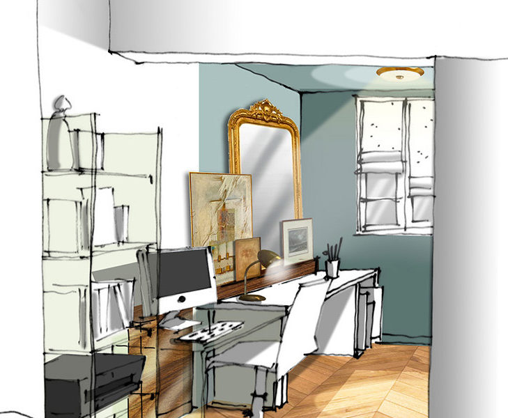 croquis, bureau, mur bleu, parquet chêne, atelier de peintre, poutres blanches, rénovation colorée.