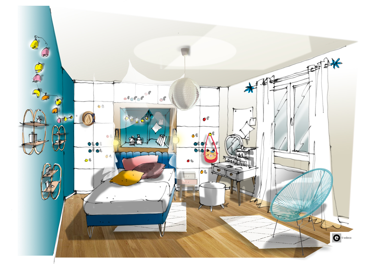 chambre turquoise croquis projet